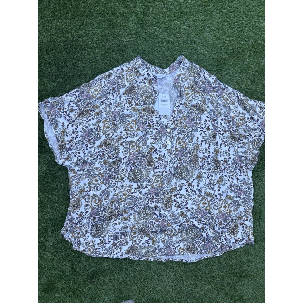 NWT J Jill XL Women's Vneck pullover blouse shirt paisley floral Acorn print